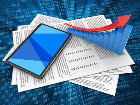 3d illustration of papers and tablet computer over digital background with arrow graphの写真素材