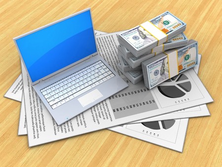 3d illustration of documents and computer over wood table background with moneyの写真素材