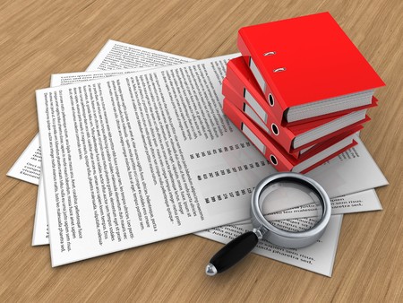 3d illustration of papers and binder folders over wood backgroundの写真素材