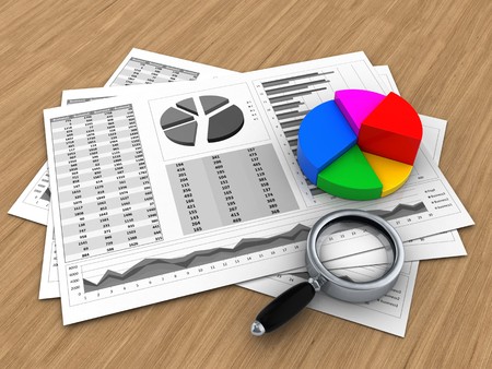 3d illustration of business charts and pie chart over wood backgroundの写真素材