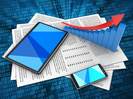 3d illustration of papers and tablet computer over digital background with arrow graphの写真素材