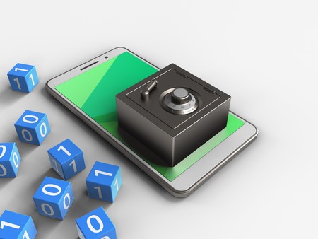 3d illustration of white phone over white background with binary cubes and steel safeの写真素材