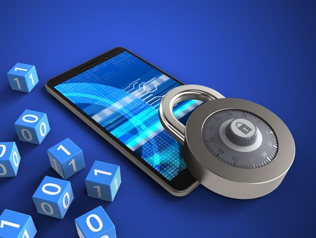 3d illustration of mobile phone over blue background with binary cubes and lockの写真素材