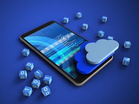 3d illustration of mobile phone over blue background with binary cubes and cloudsの写真素材