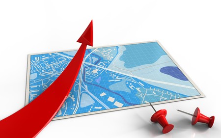 3d illustration of blue map with red arrow andの写真素材