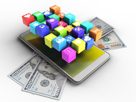 3d illustration of white phone over white background with banknotes and iconsの写真素材