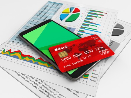 3d illustration of mobile phone over white background with business papers and credit card