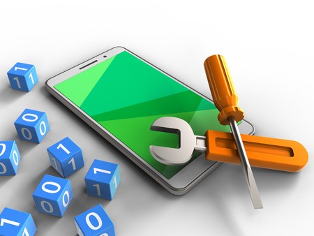 3d illustration of white phone over white background with binary cubes and repair tools