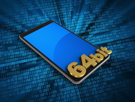3d illustration of mobile phone over digital background with 64 bit signの写真素材