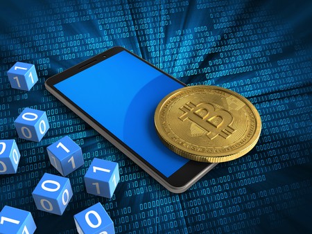 3d illustration of mobile phone over digital background with binary cubes and bitcoinの写真素材