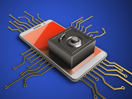 3d illustration of white phone over blue background with electronic circuit and steel safeの写真素材