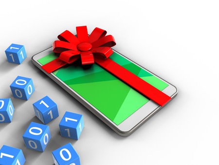 3d illustration of white phone over white background with binary cubes and gift ribbonの写真素材