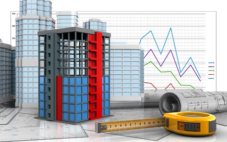 3d illustration of building construction with urban scene over business graph background