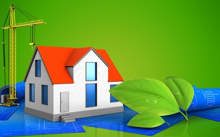 3d illustration of generic house with crane over green backgroundの写真素材