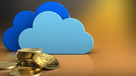 3d illustration of clouds over yellow background with golden coinsの写真素材