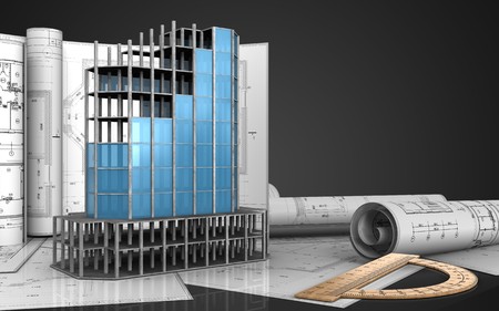 3d illustration of modern building frame with drawings over black background