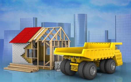 3d illustration of frame house over skyscrappers backgroundの写真素材
