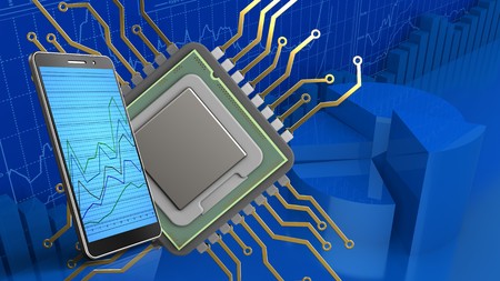 3d illustration of cpu over business charts background with phone
