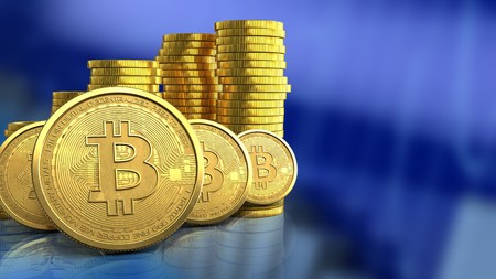 3d illustration of coins stack over blue graph background with bitcoins rowの写真素材