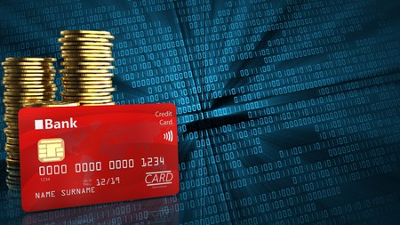 3d illustration of coins over binary background with bank card