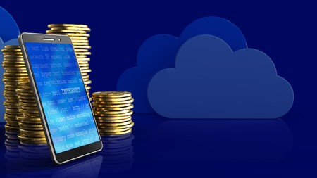 3d illustration of coins over clouds background with mobile phone