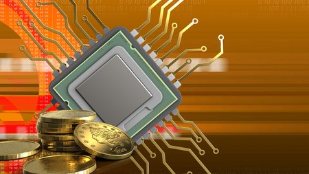 3d illustration of cpu over orange cyber background with golden coinsの写真素材