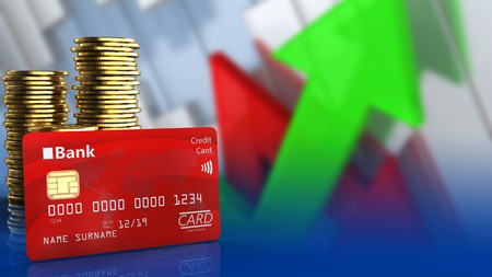 3d illustration of coins over arrows graph background with bank cardの写真素材