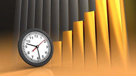 3d illustration of clock over golden charts backgroundの写真素材