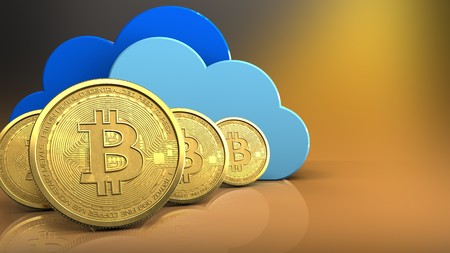 3d illustration of clouds over yellow background with bitcoins rowの写真素材