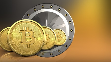 3d illustration of valut door over yellow background with bitcoins rowの写真素材
