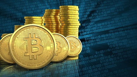 3d illustration of coins stack over binary background with bitcoins rowの写真素材