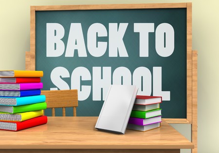 3d illustration of board with back to school text and books stackの写真素材