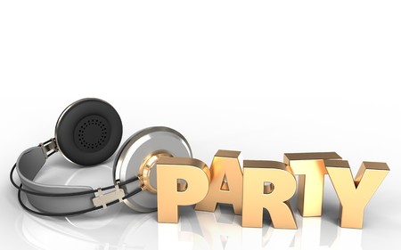 3d illustration of headphones over white background with party signの写真素材