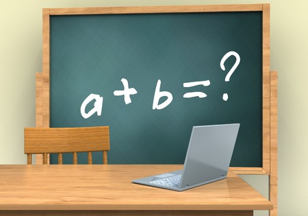 3d illustration of board with math exercise text and laptop computer