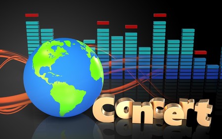 3d illustration of earth globe over sound wave orange background with concert signの写真素材