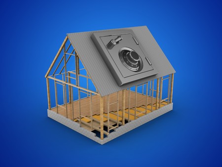 3d illustration of house frame over blue background with safeの写真素材