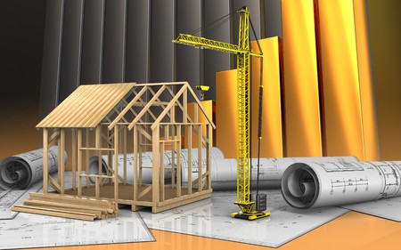 3d illustration of frame house construction over golden charts backgroundの写真素材