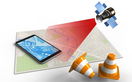 3d illustration of bright map with mobile phone and satellite