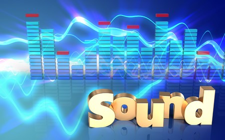 3d illustration of 'sound' sign over sound waves blue backgroundの写真素材