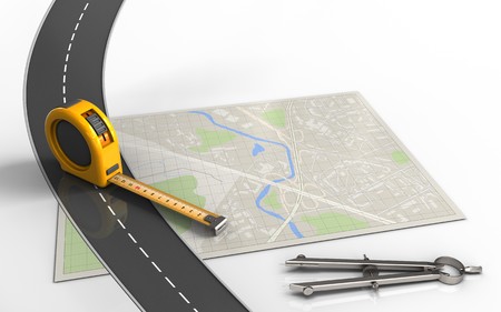 3d illustration of bright map with ruler and circle tool