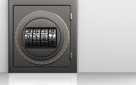 3d illustration of metal safe with code dial over white background