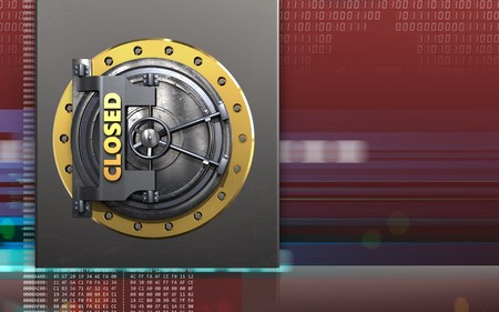 3d illustration of metal box with closed vault door over digital red background