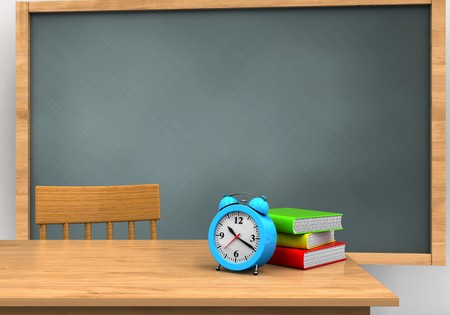 3d illustration of chalkboard with alarm clock and