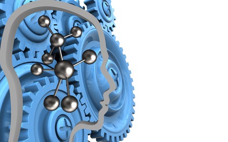 3d illustration of molecule over white background with blue gearsの写真素材