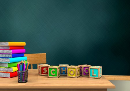 3d illustration of schoolboard with letters cubest and pile of literatureの写真素材