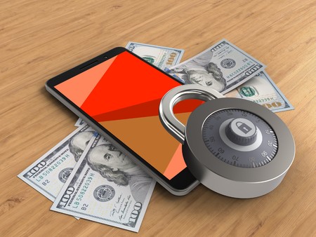 3d illustration of mobile phone over wooden background with banknotes and lock
