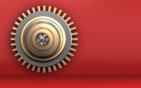 3d illustration of golden vault door  over red backgroundの写真素材