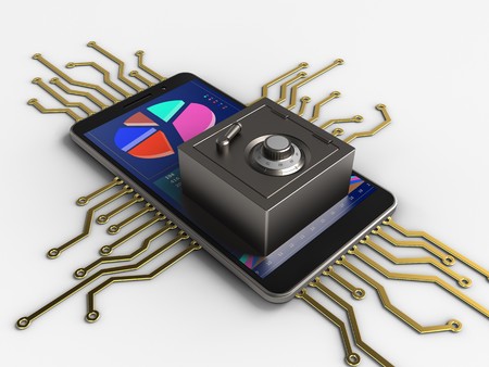 3d illustration of mobile phone over white background with electronic circuit and steel safeの写真素材
