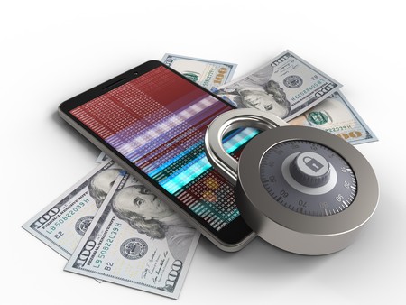 3d illustration of mobile phone over white background with banknotes and lockの写真素材