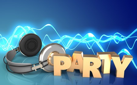 3d illustration of headphones over sound wave blue background with party signの写真素材